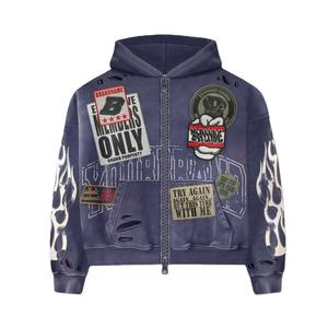 Sweat à capuche zippé coupé-cousu avec blocs de couleur personnalisés, tissu lourd délavé à l'acide et déchiré avec broderie pour unisexe - Product Image 6