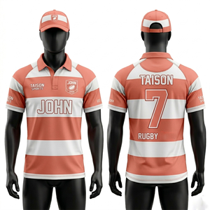 เสื้อรักบี้ผู้ชายพรีเมียม 220 GSM โพลีเอสเตอร์ผสมสแปนเด็กซ์ สีชมพู-ดำ แผงแนวนอน ระบายอากาศได้ดี สกรีนโลโก้ตามสั่ง - Product Image 3