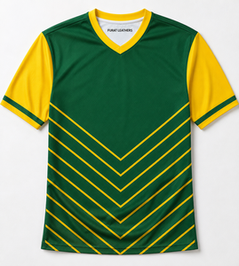Maillot de football sublimé à col en V pour homme, manches courtes, vert et jaune, imprimé géométrique, anti-humidité, coupe classique - Product Image 1