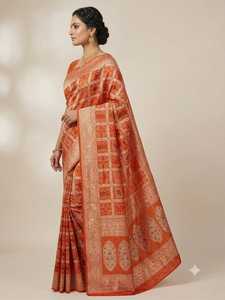 Traditional Indian BANARASI KATAN Silk <b>Saree</b> For Women <b>Orange</b> With Geometric Patterns Wedding Wear Floor Length Regular Fit - Product Image 6