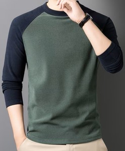 Camiseta de Manga Larga con Cuello Redondo y Bloques de Color para Hombre, Estilo Raglán, Bordada, Casual, Lavable a Máquina, Cómoda - Product Image 1