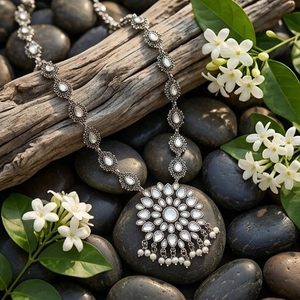 DIVYORO FLORAL MEDALLION OXIDIZED SILVER <b>NECKLACE</b> with PEARL DROPS BOHO CHIC <b>LONG</b> ADJUSTABLE for ANNIVERSARY - Product Image 3