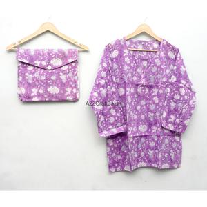 Ensemble de pyjama pour femmes fait main, imprimé floral violet, 100% coton, manches longues, taille élastique, vêtements de nuit décontractés, 2 pièces - Product Image 3