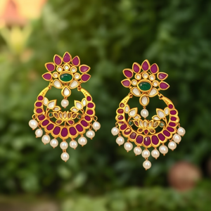 Gold Plated Geometric Hoop Chandbali Earrings with Faux White Pearl Drops Oxidized Polish Finish for Women's Wedding and Party - Product Image 3