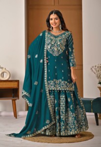 Radiant <b>teal</b> blue chiffon silk sharara <b>suit</b> with shimmering silver zari and sequin embroidery elegant ethnic wear for festivals - Product Image 5