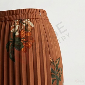 Women's Rust Orange <b>Elastic</b> <b>Waist</b> Pleated Midi <b>Skirt</b> Floral Print - Product Image 5
