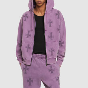Men's Winter Purple <b>Cross</b> Printed Hooded Rhinestone 100% Cotton Tracksuit Full Length Drawstring Closure Casual Regular Fit - Product Image 3