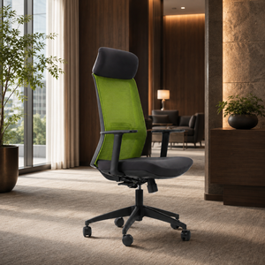 Fauteuil ergonomique en tissu, dossier haut, pivotant, accoudoirs réglables, appui-tête intégré, design moderne, usage commercial - Product Image 1