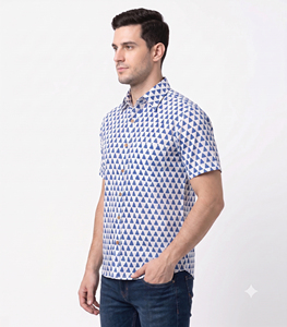 Men's Short Sleeve <b>Geometric</b> Print Cotton Casual <b>Shirt</b> Turn-down Collar Summer Breathable Cotton Fabric - Product Image 3