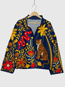 Hand Embroidered Safari Jacket Animal Pattern Full Sleeve Stand Collar Women'<b>s</b> Plus Size Spring Style - Product Image 4