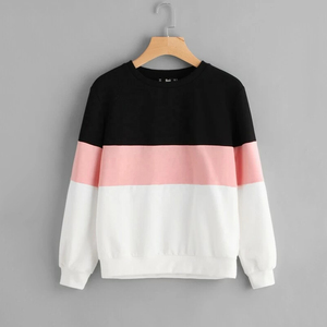 Custom Logo Color Block Sweatshirt Women Pink Black White Striped Crewneck Long Sleeve <b>Pullover</b> Oversized Casual Top Wholesale - Product Image 1