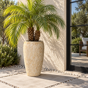 Trio de jardinières hautes en fibro-ciment gaufré effet feuille, coloris crème marbré, pour la décoration extérieure de patio, terrasse et jardin - Product Image 6