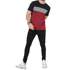เสื้อยืดคอกลมแขนสั้นทรงเข้ารูปสำหรับผู้ชาย ลายทางสีตัดต่อ ดีไซน์ถักแบบลำลอง - Product Image 3