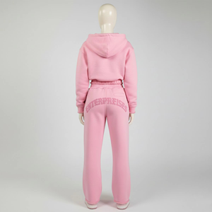 Conjunto Deportivo Rosa con Capucha para Mujer, Sudadera y Pantalones Holgados de Corte Largo con Logotipo en la Espalda, Color Sólido - Product Image 1