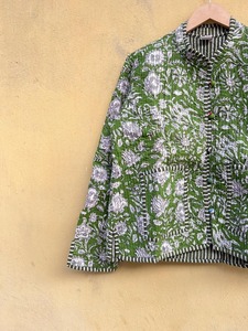 Blazer à col mandarin imprimé floral vert, manches longues, longueur courte, 100% coton, veste tissée pour femme, printemps - Product Image 4