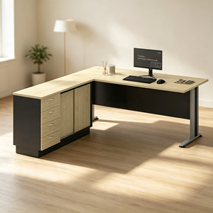 Bureau de direction moderne en forme de L avec armoire de rangement, plateau en mélaminé aggloméré, pour usage hospitalier et commercial - Product Image 3