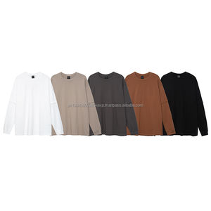 Printemps couleur unie 270Gsm coton lourd décontracté basique ample à manches longues t-shirt DDP expédition - Product Image 1