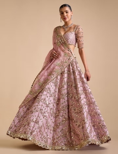 Lehenga KV de satén de seda rosa sólido con adornos, tradicional, semicosturada, reversible, sin arrugas, con blusa sin coser y dupatta. - Product Image 2