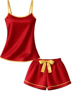 Conjunto de Pijama Personalizado de Satén Rojo con Camiseta y Pantalones Cortos para Mujer, Ropa de Dormir Suave de Seda, Conjunto de Dos Piezas para Verano con Lazo Amarillo - Product Image 1