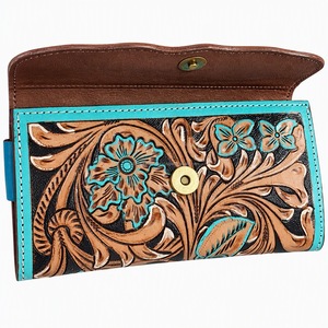 Portefeuille-bracelet en cuir de vachette argentin, personnalisé, à motifs floraux western, pour femmes |   Portefeuille à rabat avec garniture turquoise et pompon - Product Image 4