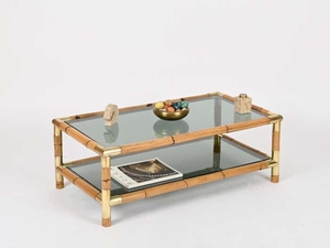 Vintage design <b>bamboo</b> and brass coffee <b>table</b> with smoked glass shelves mid century modern rectangular center <b>table</b> - Product Image 6