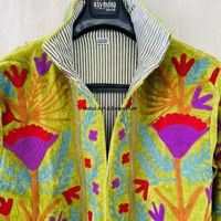 Veste bomber en coton Suzani indienne faite à la main, brodée à la main, col montant réversible, veste unisexe