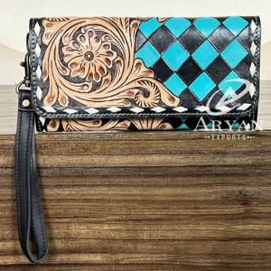 Portefeuille long en cuir de vachette floral à carreaux, fait main, style vintage, avec dragonne, idéal pour femmes - Product Image 1