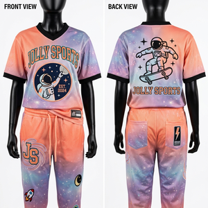 Conjunto deportivo de malla para mujer, tejido ligero de poliéster GSM, jersey azul claro y pantalones jogger con puños acanalados, logotipo estampado. Conjuntos para mujer. - Product Image 3