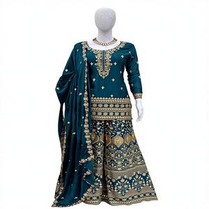 Magnifique ensemble de designer moderne en tissu chinon épais avec broderies et sequins, style sharara, idéal pour les fêtes, séchage rapide - Product Image 1