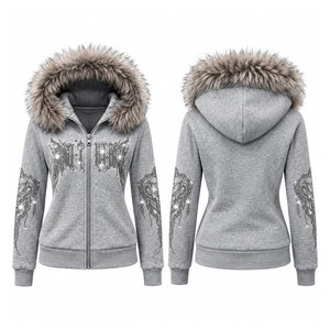 Sweat-shirt à capuche zippé pour femme avec bordure en fausse fourrure, imprimé pailleté, sequins, tricoté pour l'hiver, coupe classique, manches longues - Product Image 1