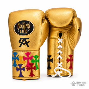 No Boxing No Life Gants de boxe en cuir doré de qualité supérieure, à doigts entiers, à lacets, design croisé, couleur et logo personnalisables pour adultes 14 - Product Image 1