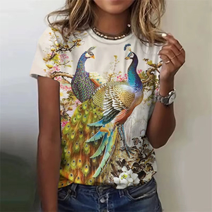 Camiseta de moda para mujer con estampado gráfico 3D de pavo real, camisetas de verano de manga corta, camisetas holgadas transpirables de poliéster con cuello redondo - Product Image 6
