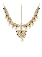 Parure de collier ras-du-cou, boucles d'oreilles et Maang Tikka ethniques vintage en cuivre plaqué or avec perles, pour mariée, de haute qualité, de marque tierce