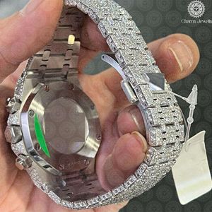 Charm Jewells Montre de luxe pour hommes en acier inoxydable avec chronographe incrusté de diamants, analogique à quartz, boîtier rond de 42 mm, fermoir pliant - Product Image 2