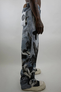 Jean droit taille haute pour homme avec imprimé numérique motif oiseau, en coton délavé, style streetwear, pantalon unisexe - Product Image 6