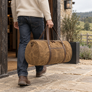 Washed Oil Waxed Canvas Weekender Duffel <b>Bag</b> with Carry Handles & Zip Top | <b>Tan</b> Brown Portable Durable Outdoor Travel Luggage - Product Image 3
