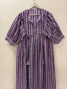 <b>Boho</b> Style Striped Hand Block Print Cotton Midi <b>Dress</b> With Tie-Neck Short Sleeve <b>Summer</b> Casual <b>Dress</b> For Women - Product Image 5