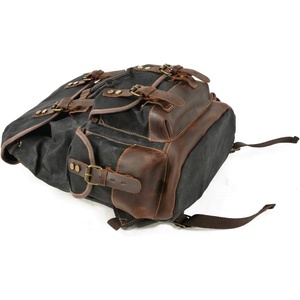 Genuine Leather and Waxed <b>Canvas</b> Travel <b>Backpack</b> Durable Outdoor Hiking Rucksack - Product Image 4