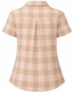 Custom Beige And Plaid Womens Short Sleeve Button Up Shirt Casual Summer Lightweight Breathable <b>Checkered</b> <b>Top</b> With Pocket - Product Image 2