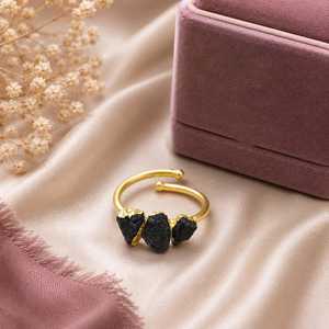Ratnarachit Genuine Black Tourmaline 24K Gold Plated Brass Hand Carved Engagement Ring Bridal Jewelry - Product Image 1