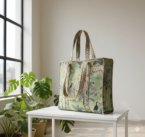 Green <b>Vintage</b> Canvas <b>Tote</b> <b>Bag</b> with Solid Color Pattern Lightweight Quilted Open Top Design for Shopping From Rajasthan - Product Image 2