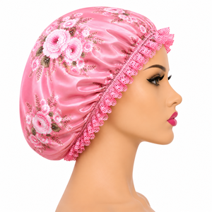 Bonnet de nuit en satin rose à motifs floraux pour femme, ajustable, élastique, pour usage domestique, 54-56 cm, style tendance - Product Image 2