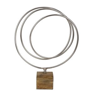 Sculpture en boucle argentée radiante, figurine décorative abstraite moderne en fer et métal avec base marron pour la décoration de la maison et du bureau - Product Image 3