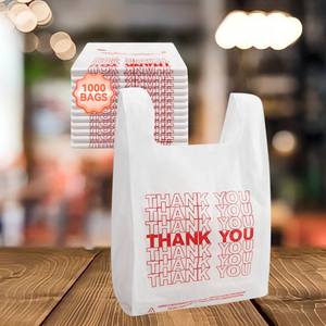 Disposable Thank You <b>Biodegradable</b> Plastic Garbage Bag with Handle for Grocery & Retail Use 12x20 Inch - Product Image 1