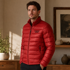 Blouson d'hiver décontracté pour homme, rouge, matelassé, coupe-vent, col montant, fermeture éclair, avec logo frontal, en polyester, vente en gros - Product Image 4