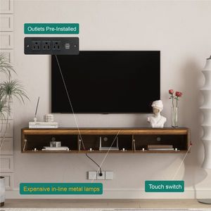 Meuble TV mural flottant en bois laqué brillant avec éclairage LED et prise électrique pour salon - Product Image 2