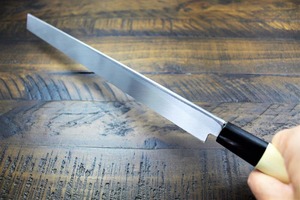 Couteau de chef professionnel en acier au carbone pour le filetage et la découpe du thon, lame de 12 pouces, manche en bois, surface forgée écologique - Product Image 2