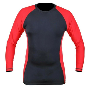 T-shirt à manches longues pour homme, coupe ajustée, col rond, à blocs de couleur, séchage rapide, rouge et noir, sportif, en polyester tricoté - Product Image 1