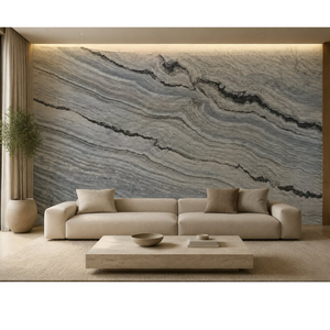 Mostrador de Recepción Moderno de Mármol River Blue Flute (20mm) L-657 (116"75"=03 Losas) con Patas Metálicas, Capacidad para 6 Personas - Product Image 5
