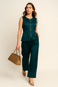 จั๊มสูทสีเขียวอมฟ้าแบบไม่มีแขน ดีไซน์เอวเปปลัมพร้อมซิปสีทอง ขากว้าง ผลิตจากผ้าโพลีเอสเตอร์ มีไซส์ M L XL XXL ขายส่ง - Product Image 5